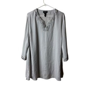Maggie Barnes Gray Semisheer Beaded Embellished 3/4 Sleeve Tunic Blouse